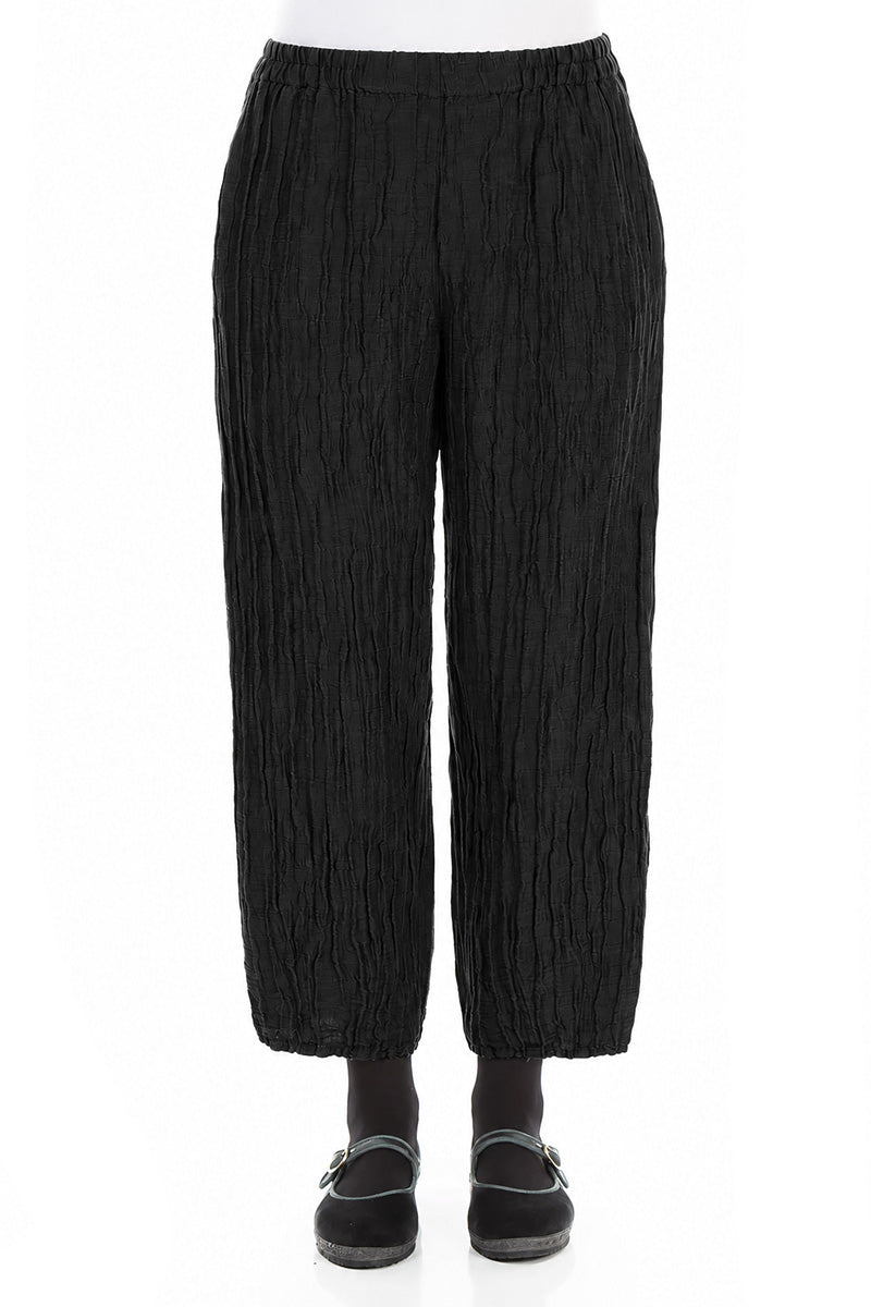 Cropped Crinkled Black Silk Linen Trousers 1