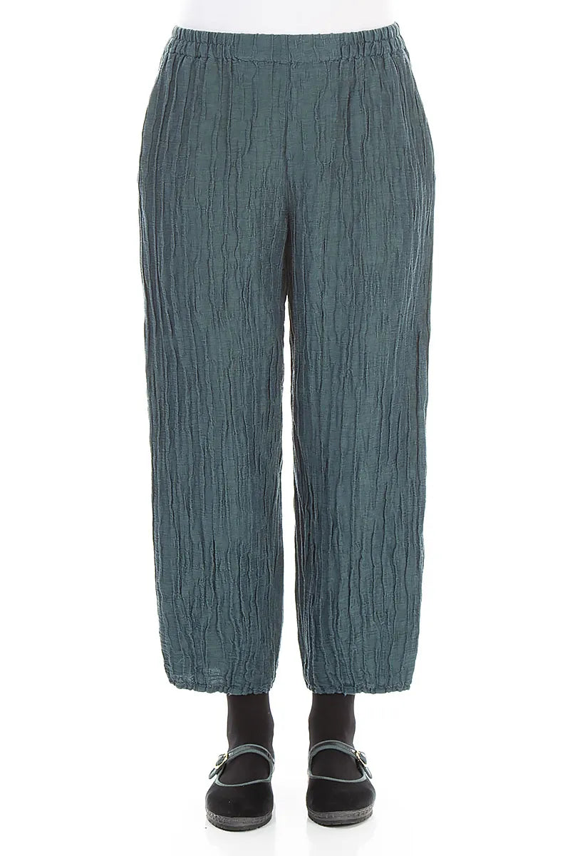 Pantalon en Soie et Lin Turquoise profond Froissé raccourci