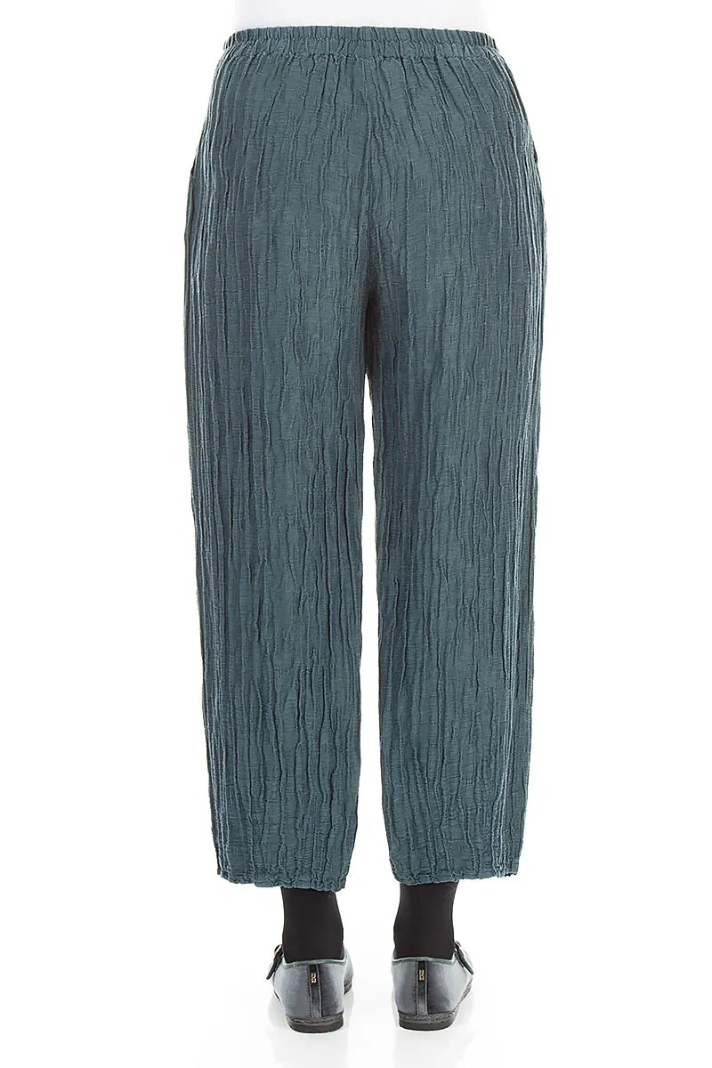 Pantalon en Soie et Lin Turquoise profond Froissé raccourci