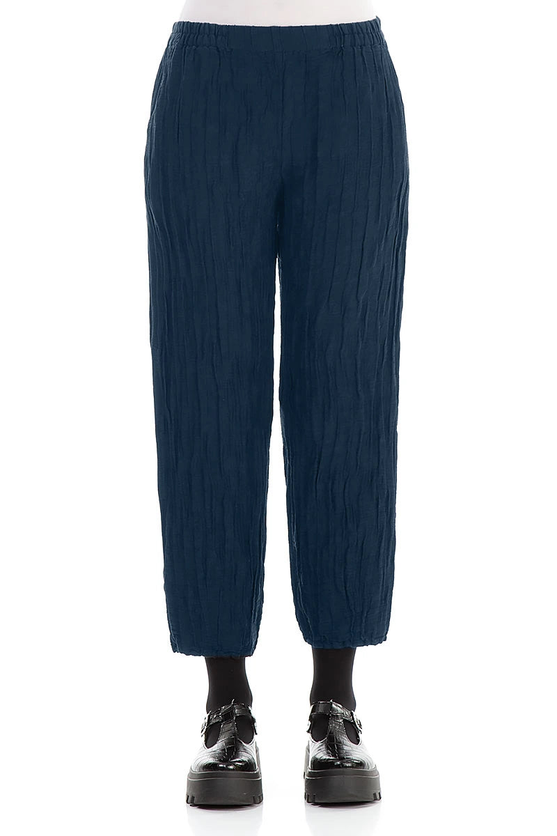 Cropped Crinkled Royal Blue Silk Linen Trousers 1