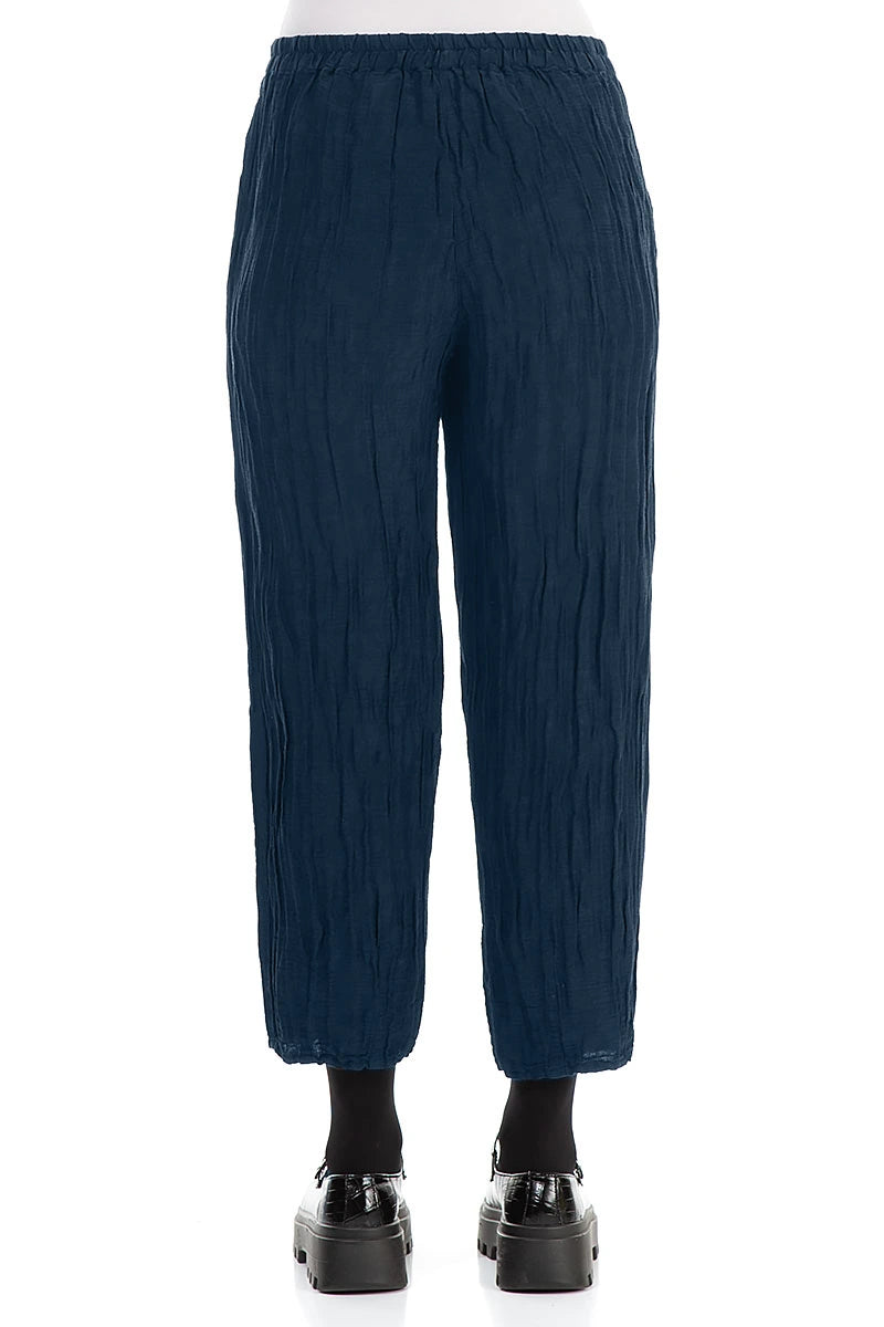 Cropped Crinkled Royal Blue Silk Linen Trousers 2