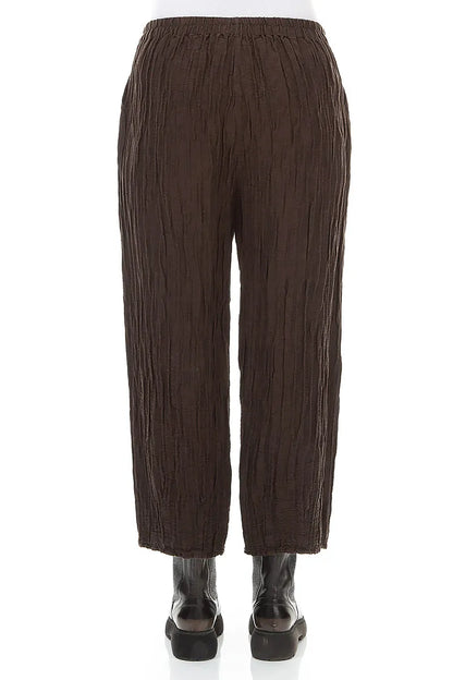 Cropped Crinkled Truffle Brown Silk Linen Trousers 2