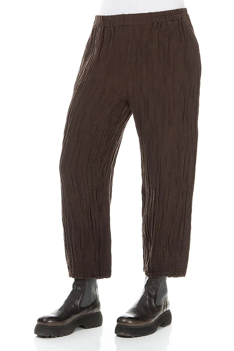 Cropped Crinkled Truffle Brown Silk Linen Trousers 3