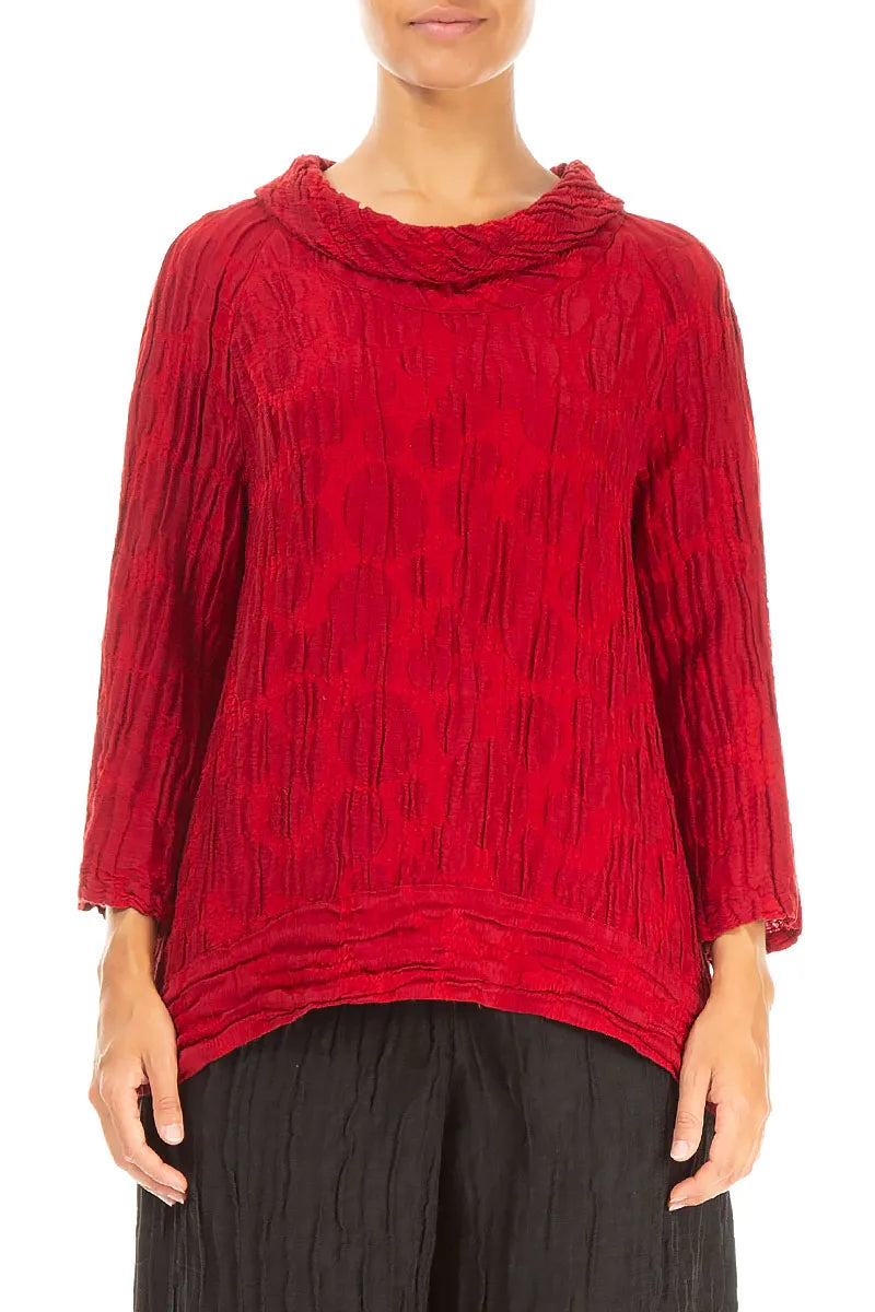 Chemisier en soie et lin rouge cerise à manches courtes et imprimé circulaire, manches courtes