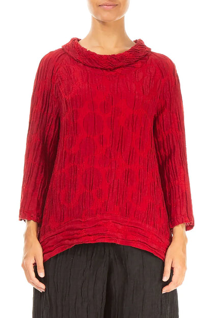 Chemisier en soie et lin rouge cerise à manches courtes et imprimé circulaire, manches courtes