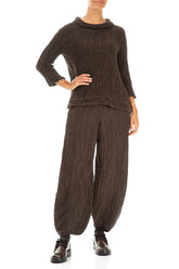 Cropped Sleeves Forest Brown Circle Silk Linen Blouse 4