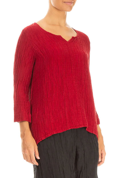 Cropped Sleeves Sweetheart Neck Crinkled Cherry Red Silk Blouse 3