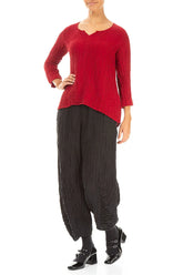 Cropped Sleeves Sweetheart Neck Crinkled Cherry Red Silk Blouse 4