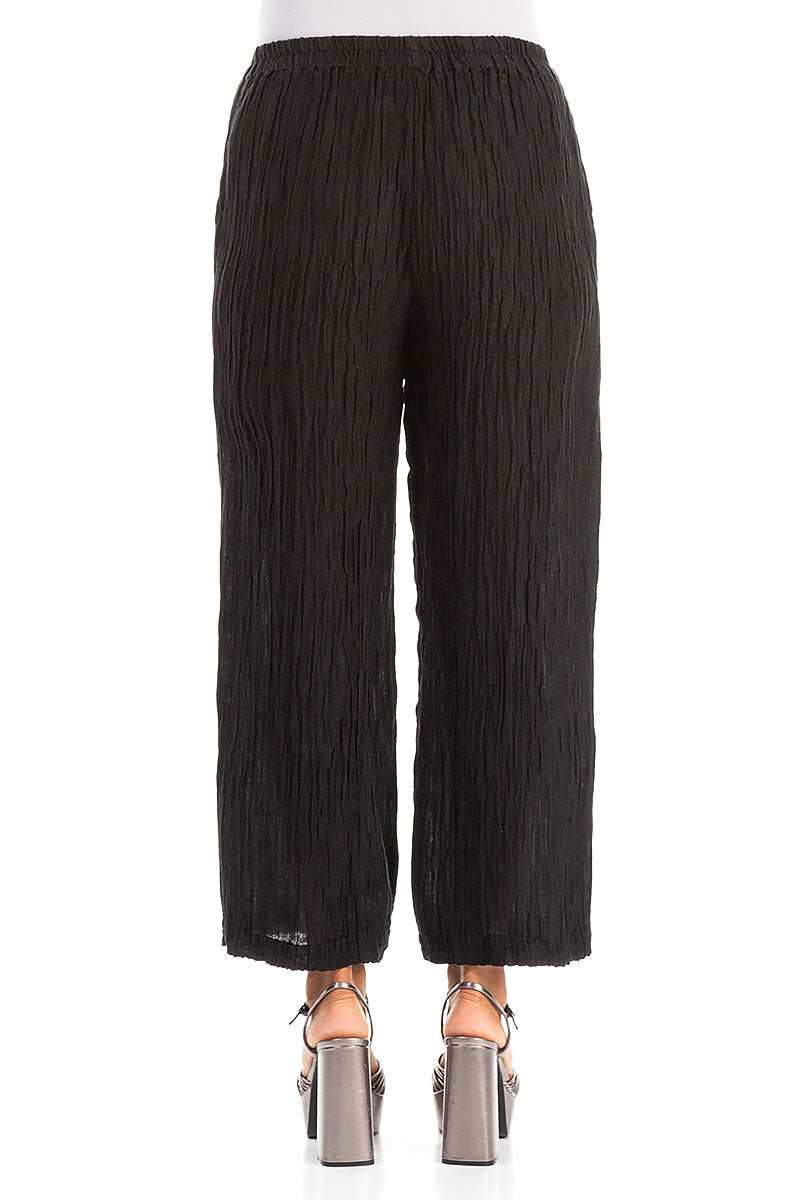Cropped Straight Crinkled Black Silk Trousers 2