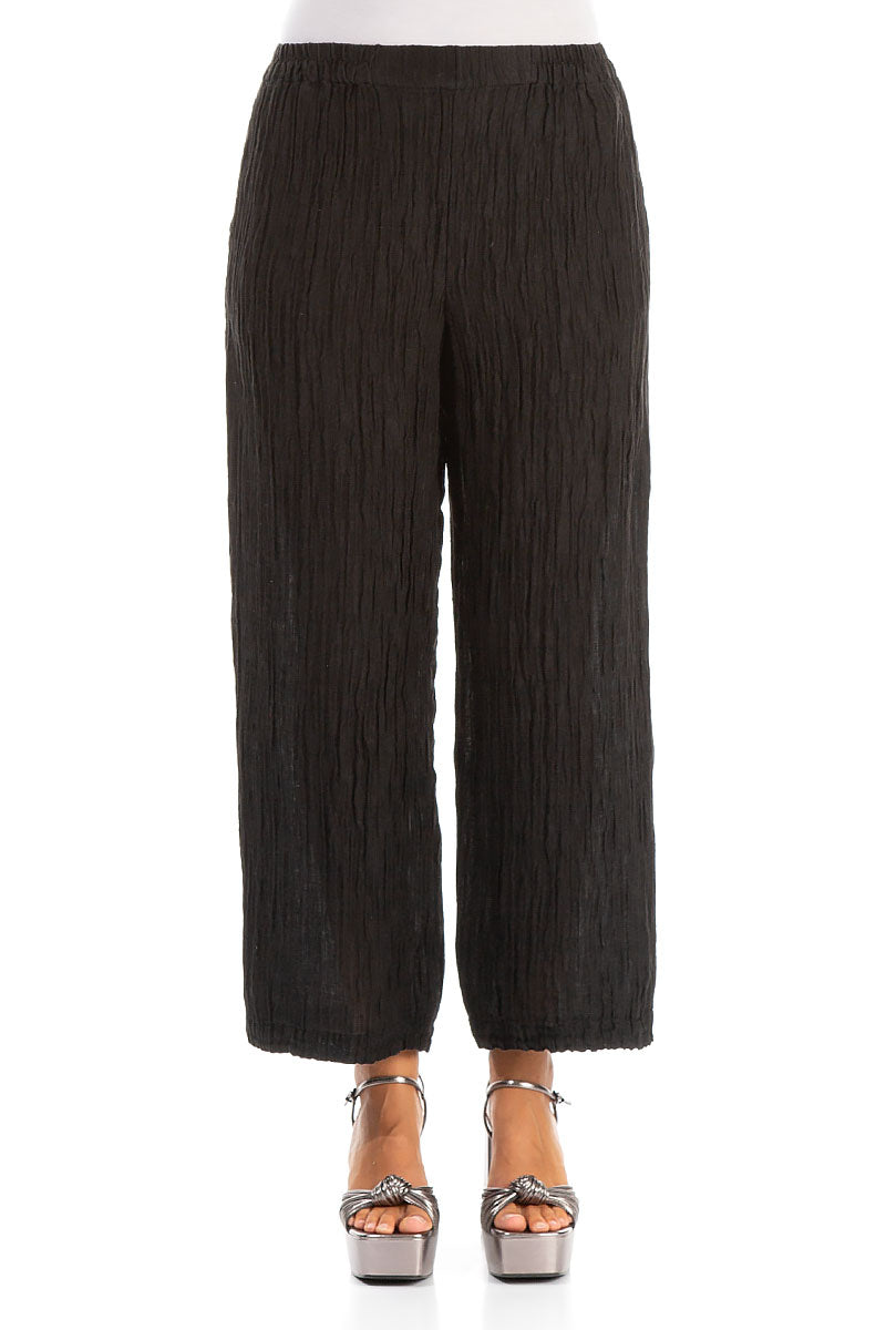 Cropped Straight Crinkled Black Silk Trousers 1