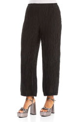 Cropped Straight Crinkled Black Silk Trousers 3
