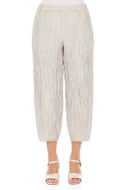 Cropped Taper Beige Silk Linen Trousers 1