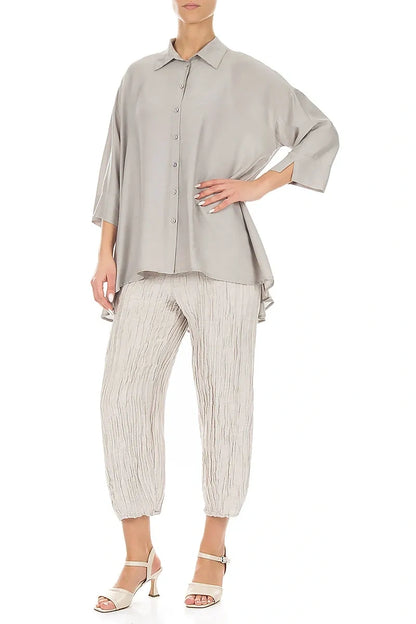 Cropped Taper Beige Silk Linen Trousers 4