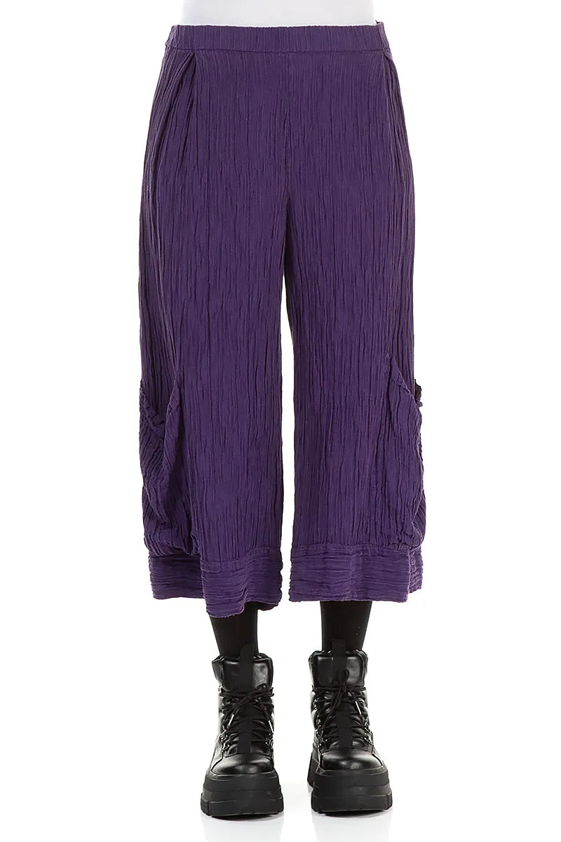 Cropped Wide Crinkled Purple Silk Trousers 1