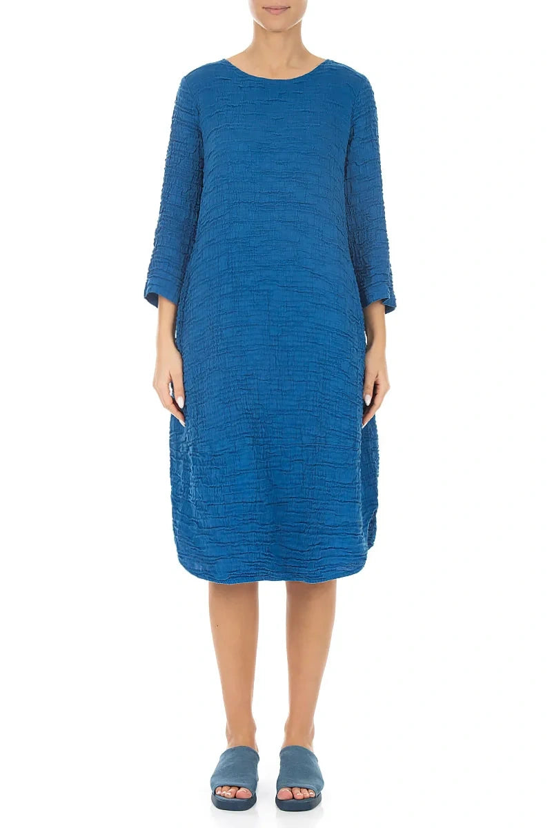 Curved Hem Cobalt Blue Crinkled Silk Linen Dress 1