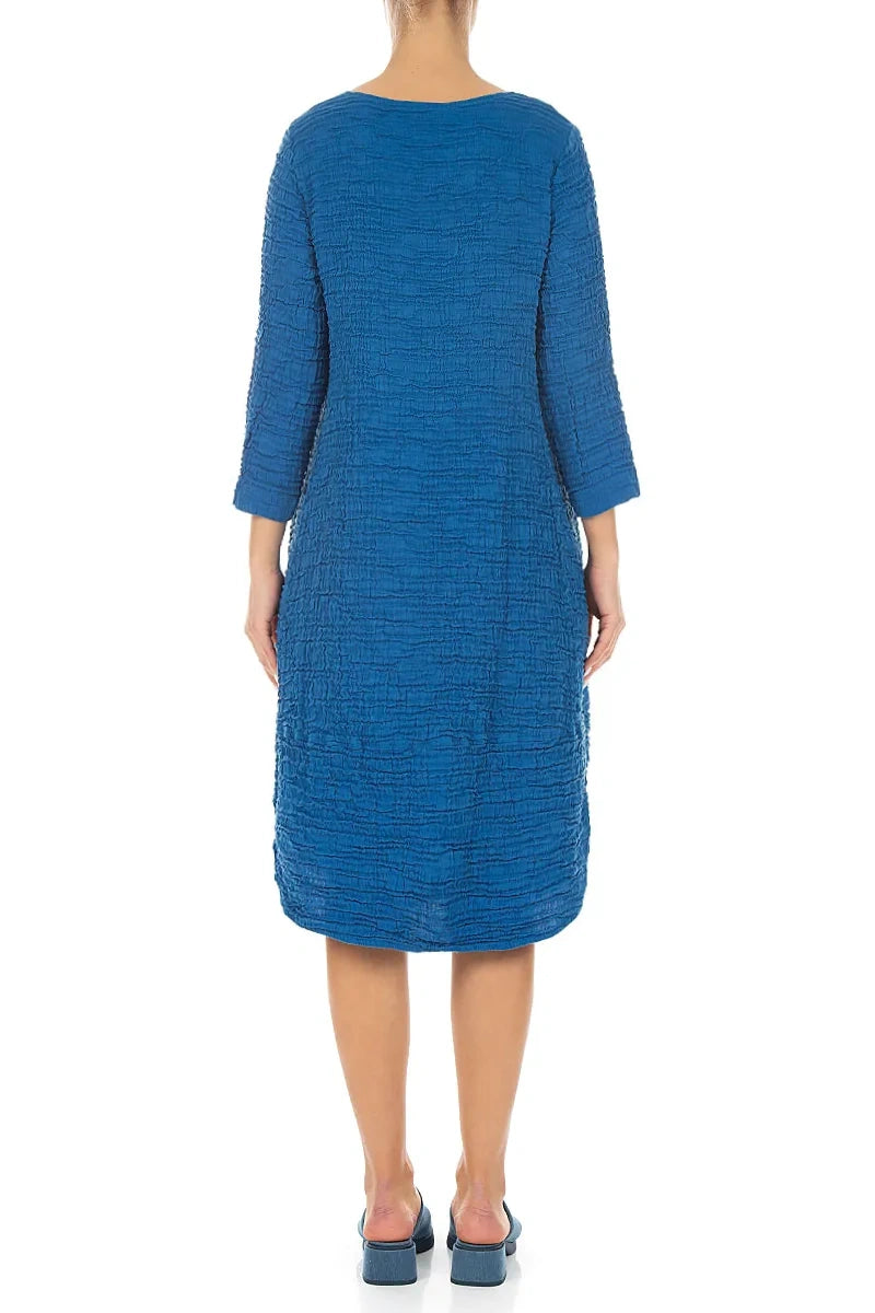 Curved Hem Cobalt Blue Crinkled Silk Linen Dress 2