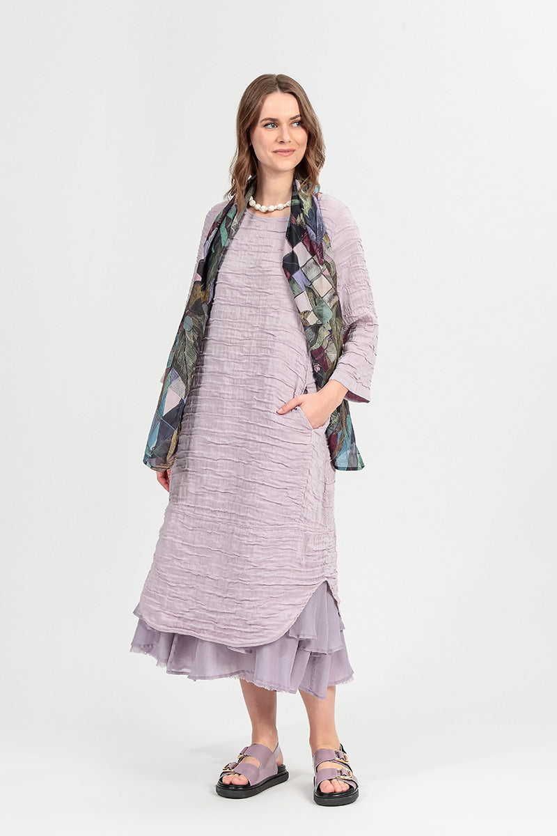 Curved Hem Lilac Crinkled Silk Linen Dress 1