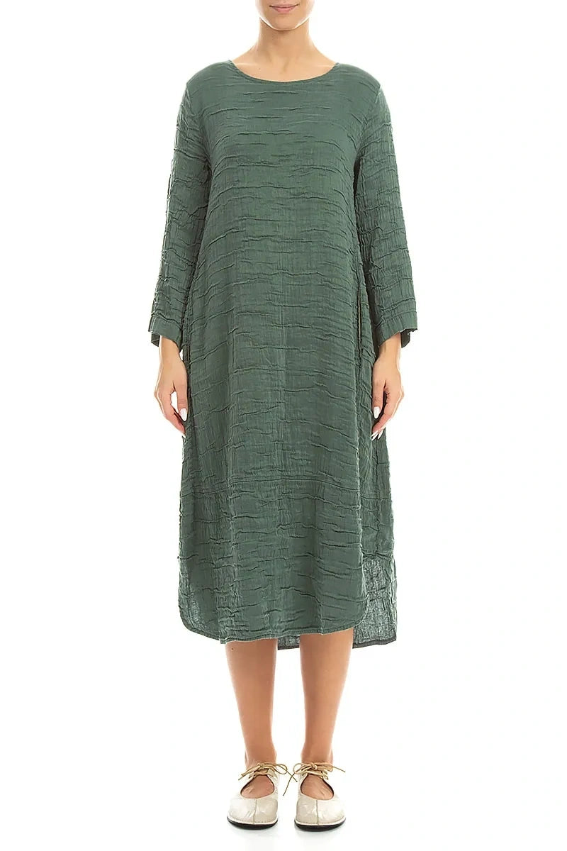 Curved Hem Sage Crinkled Silk Linen Dress 1