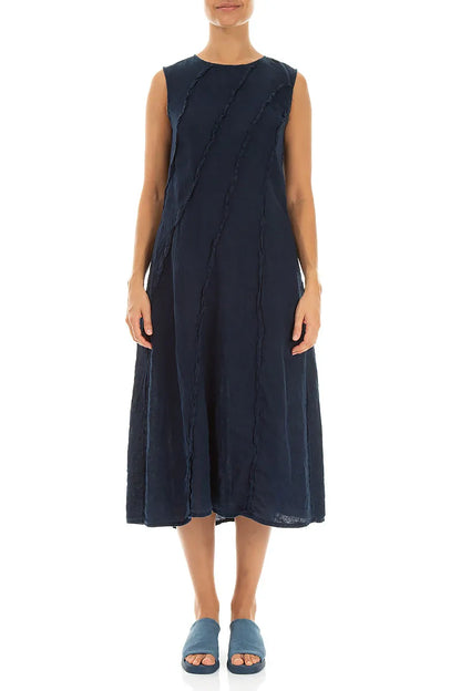 Robe en lin bleu marine à coutures incurvées