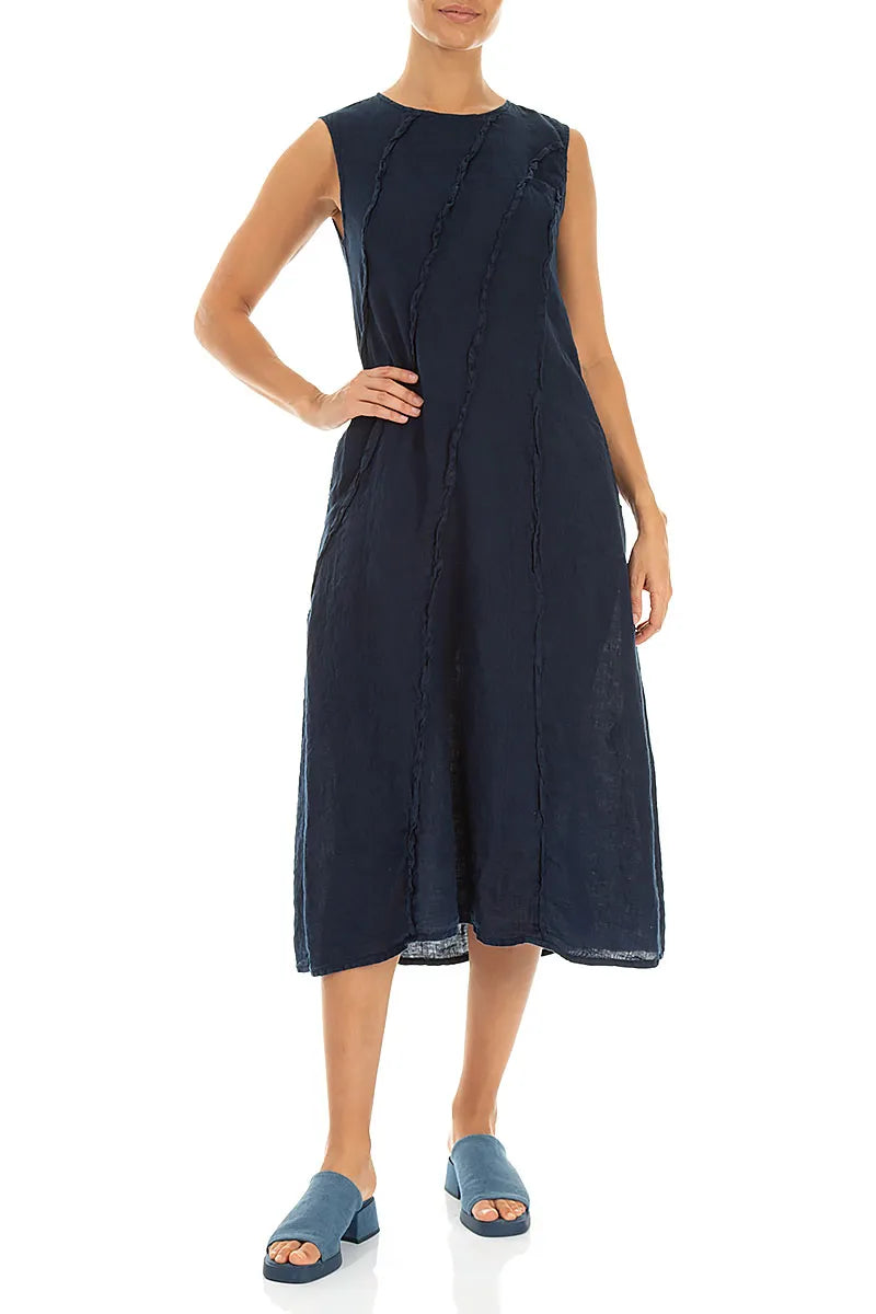 Robe en lin bleu marine à coutures incurvées