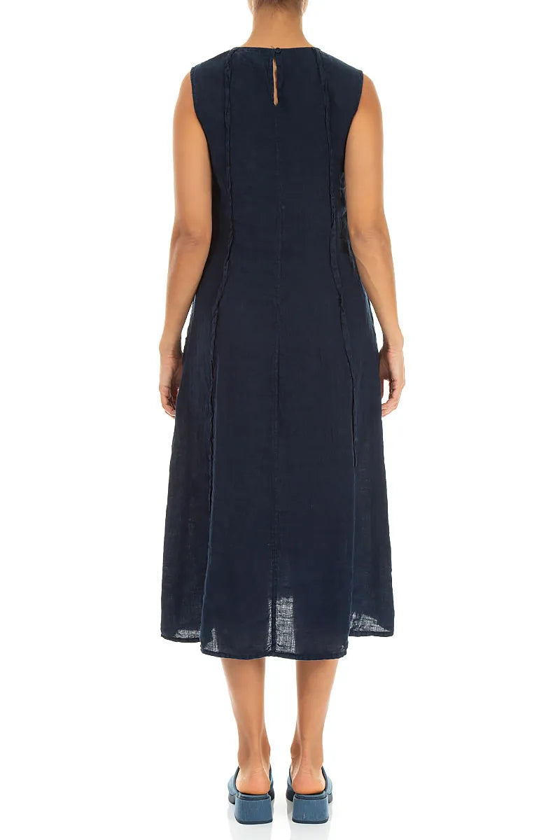 Curved Seam Navy Linen Dress 2