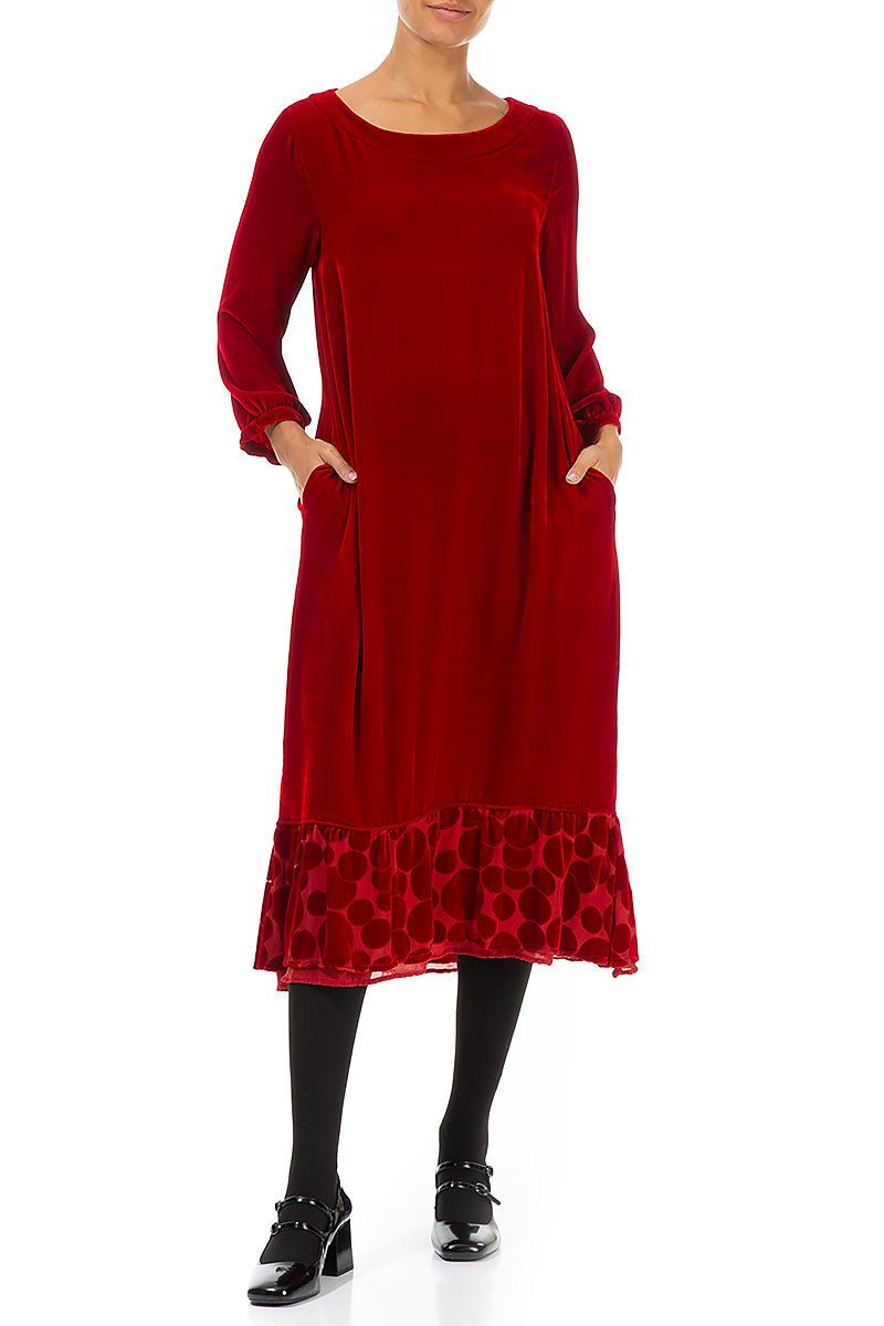 Decorated Hem Cherry Red Silk Velvet Dress 4