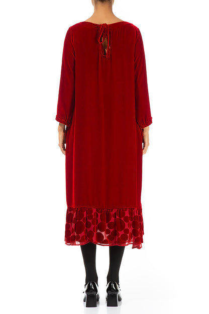 Decorated Hem Cherry Red Silk Velvet Dress 2