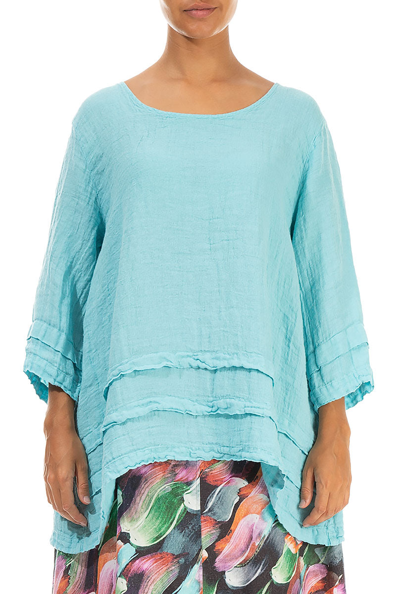 Decorated Hem Ice Blue Crêpe Linen Tunic 1