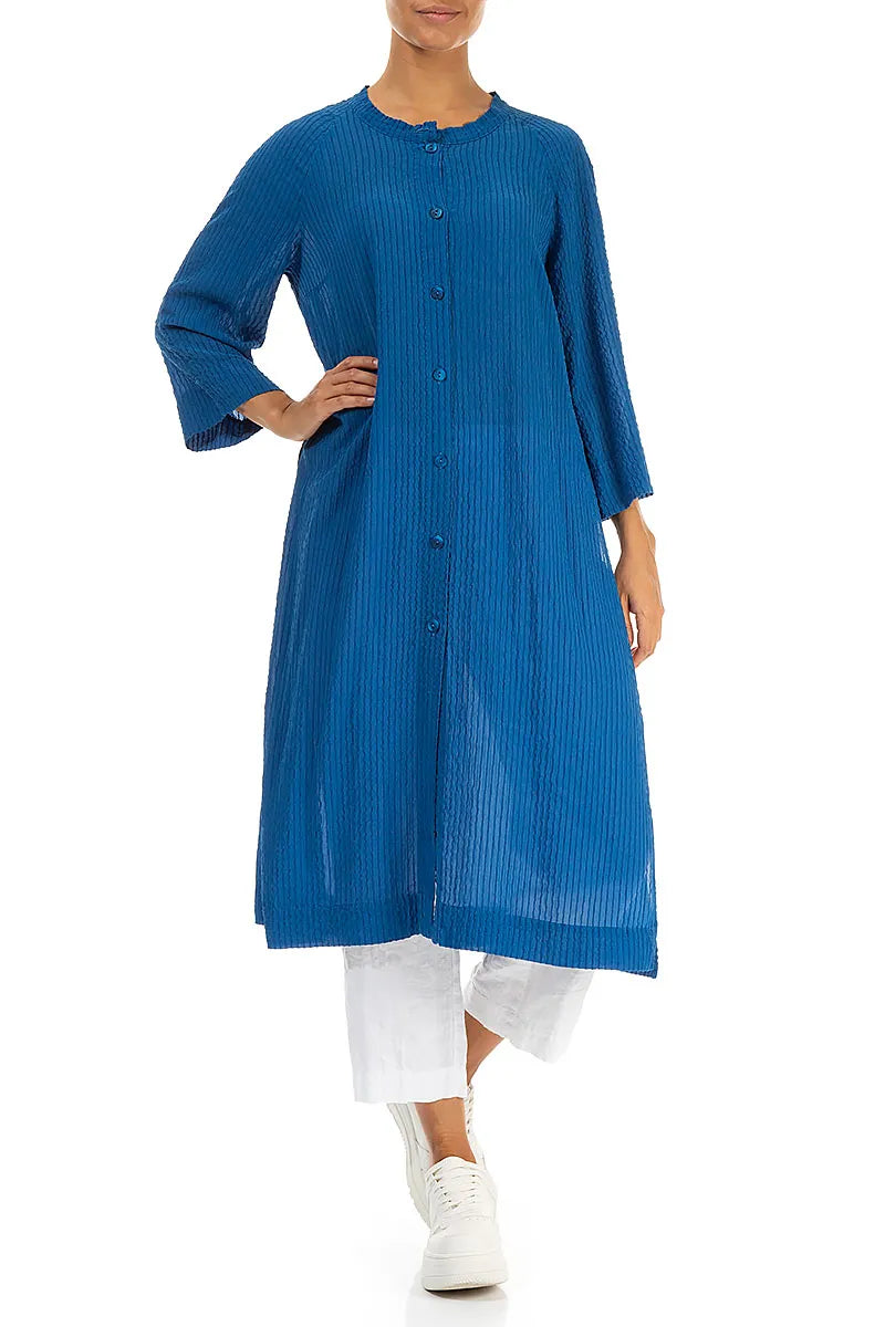 Deep Slit Cobalt Blue Striped Silk Jacket