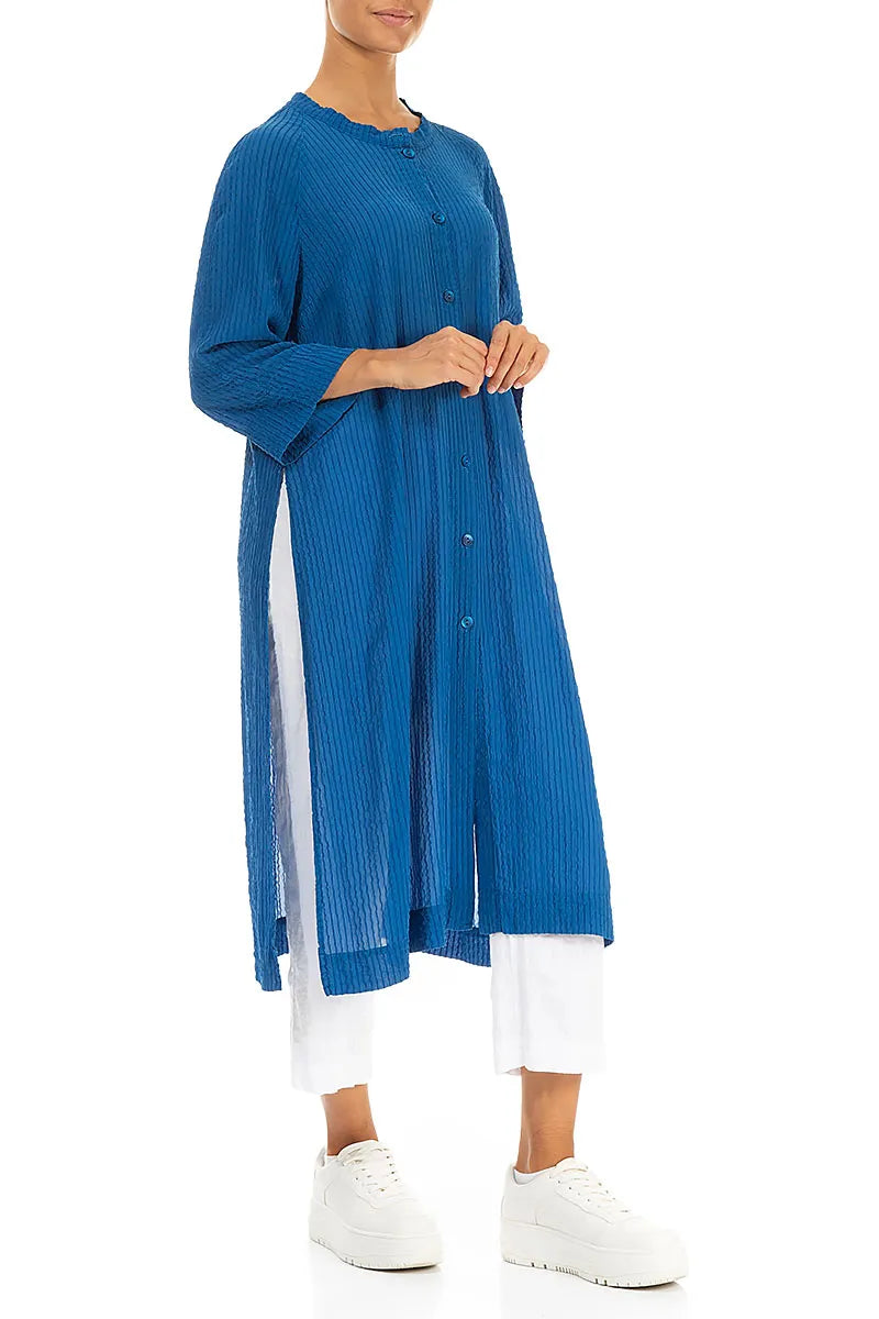 Deep Slit Cobalt Blue Striped Silk Jacket