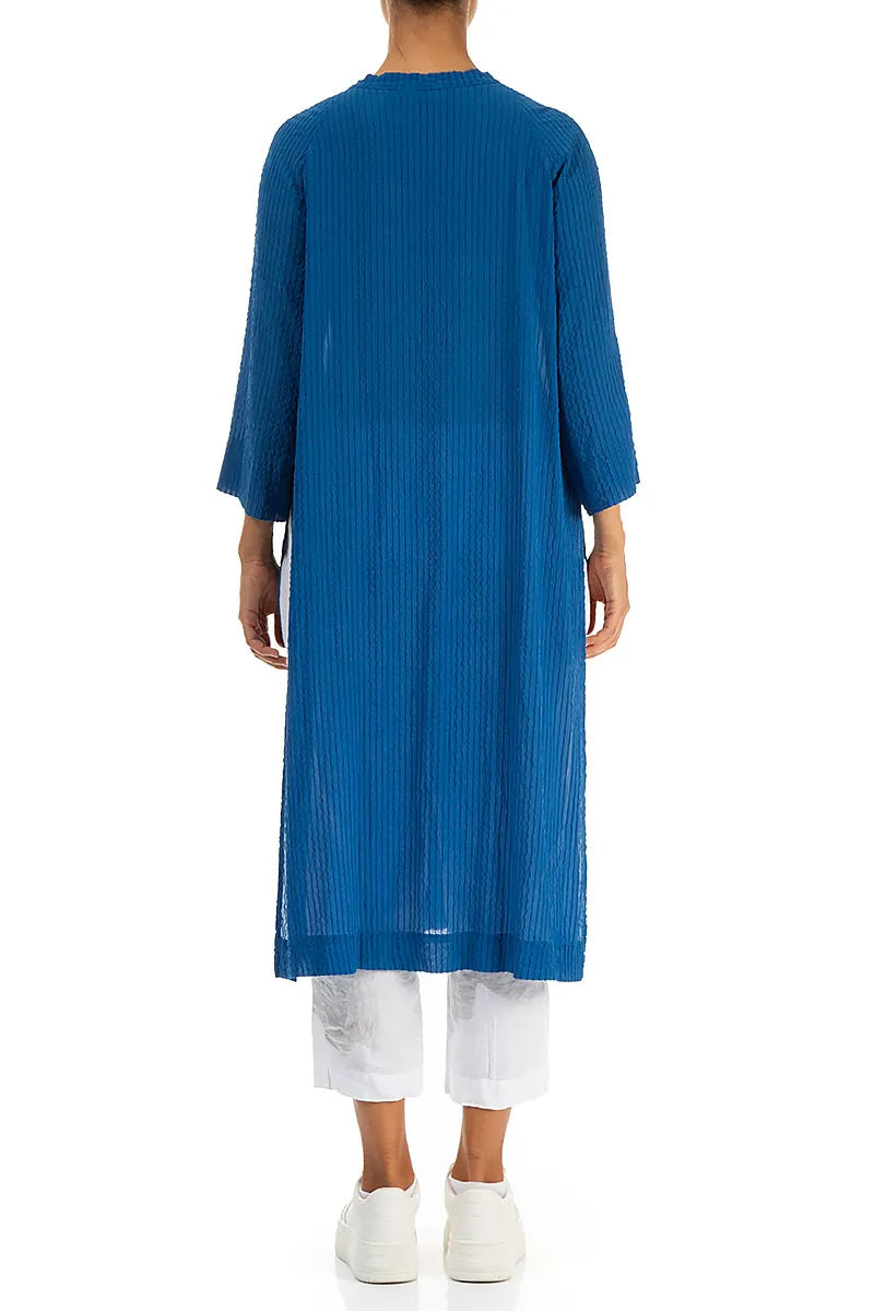 Deep Slit Cobalt Blue Striped Silk Jacket