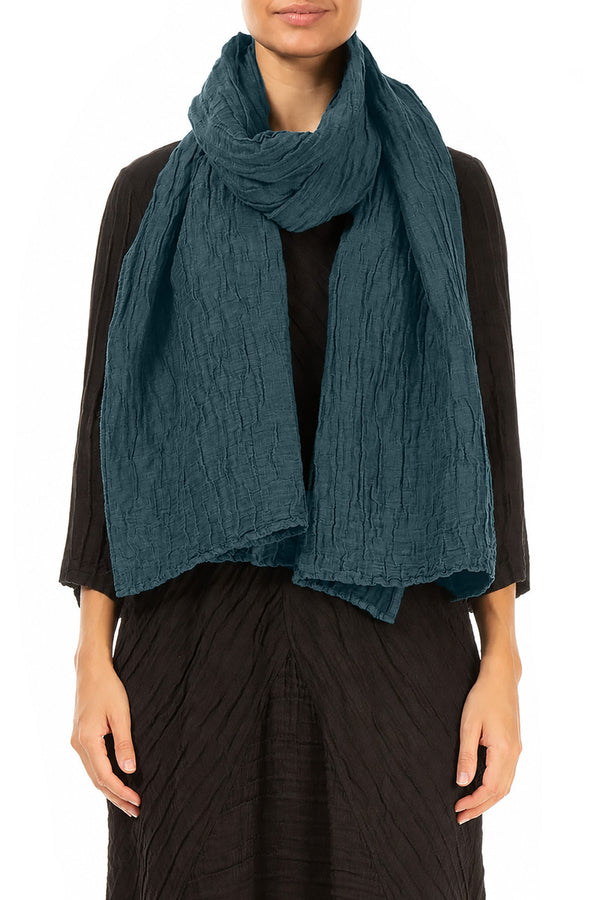 Deep Turquoise Crinkled Silk Linen Scarf 1