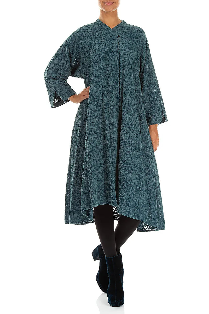 Deep Turquoise Floral Texture Silk Jacket 4