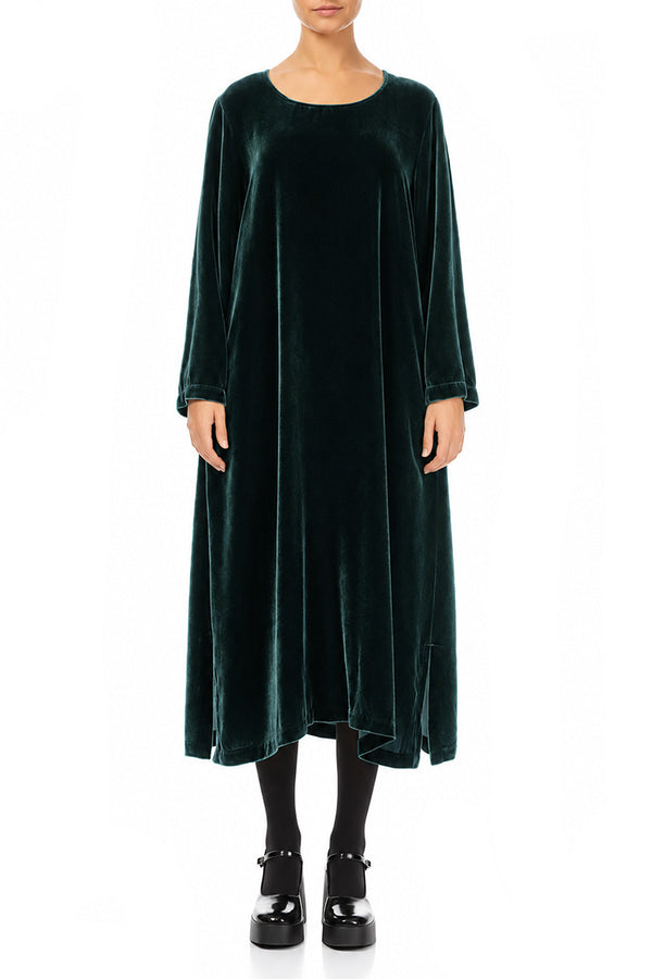 Gerade geschnittenes Kleid aus Samt und Seide in Dunkeltürkis