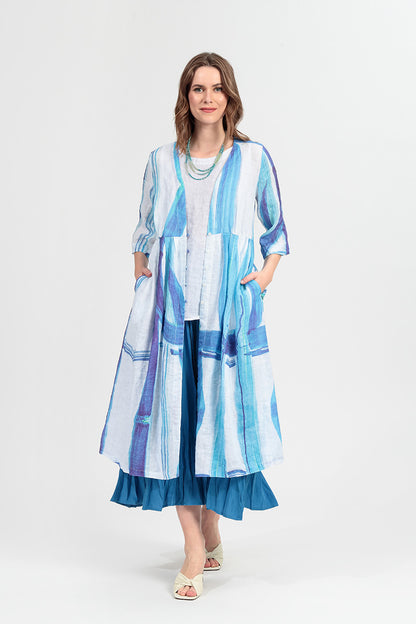 V-Neck Blue Brushstroke Linen Jacket