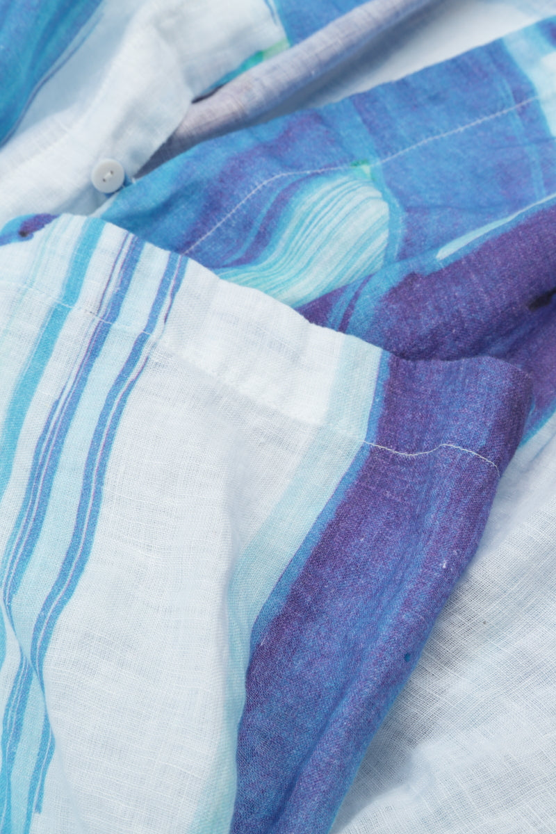 V-Neck Blue Brushstroke Linen Jacket