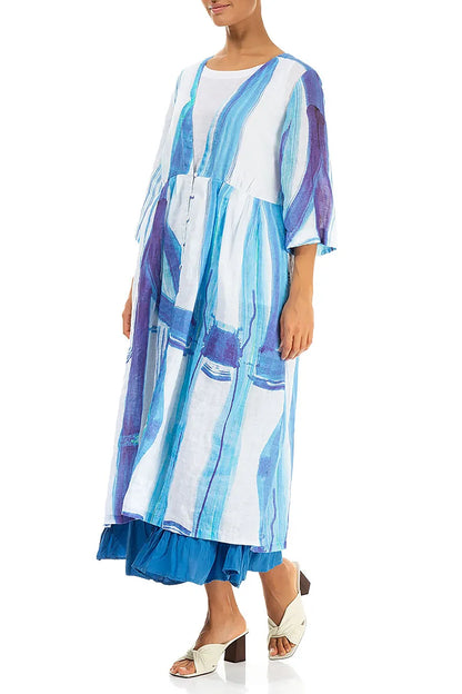 V-Neck Blue Brushstroke Linen Jacket