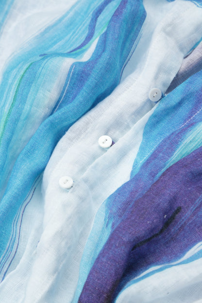 V-Neck Blue Brushstroke Linen Jacket
