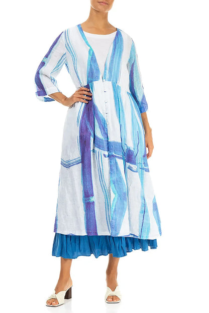 V-Neck Blue Brushstroke Linen Jacket
