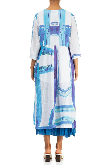 V-Neck Blue Brushstroke Linen Jacket