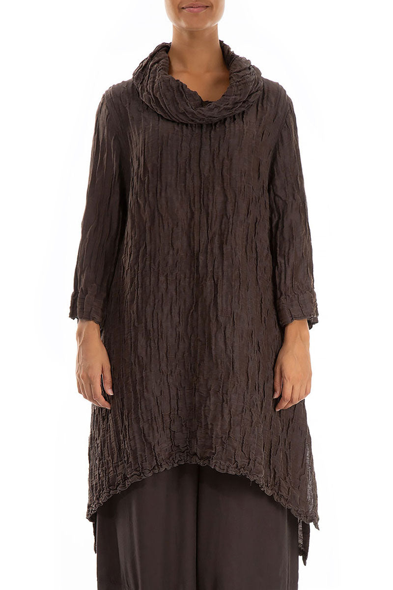 Detachable Collar Crinkled Ash Brown Silk Linen Tunic 1