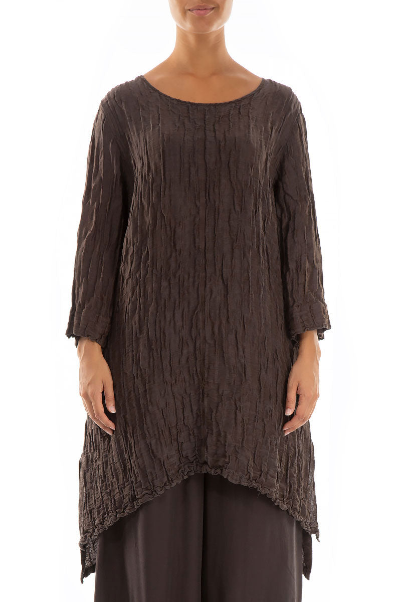 Detachable Collar Crinkled Ash Brown Silk Linen Tunic 3