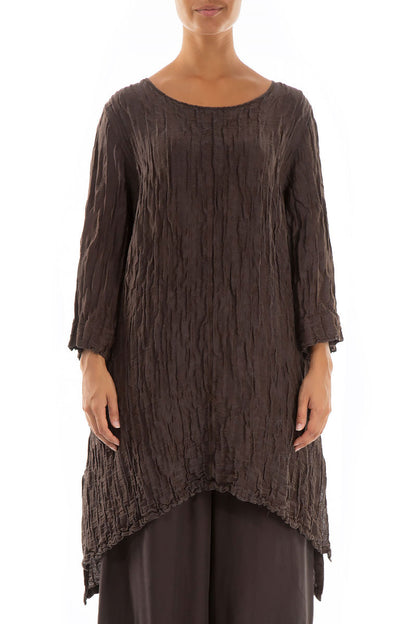 Detachable Collar Crinkled Ash Brown Silk Linen Tunic 3