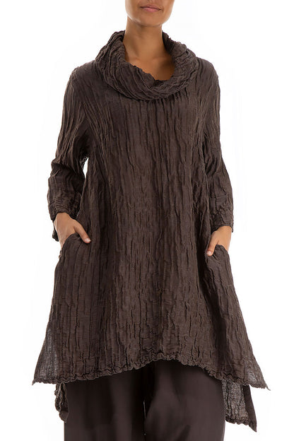 Detachable Collar Crinkled Ash Brown Silk Linen Tunic 4
