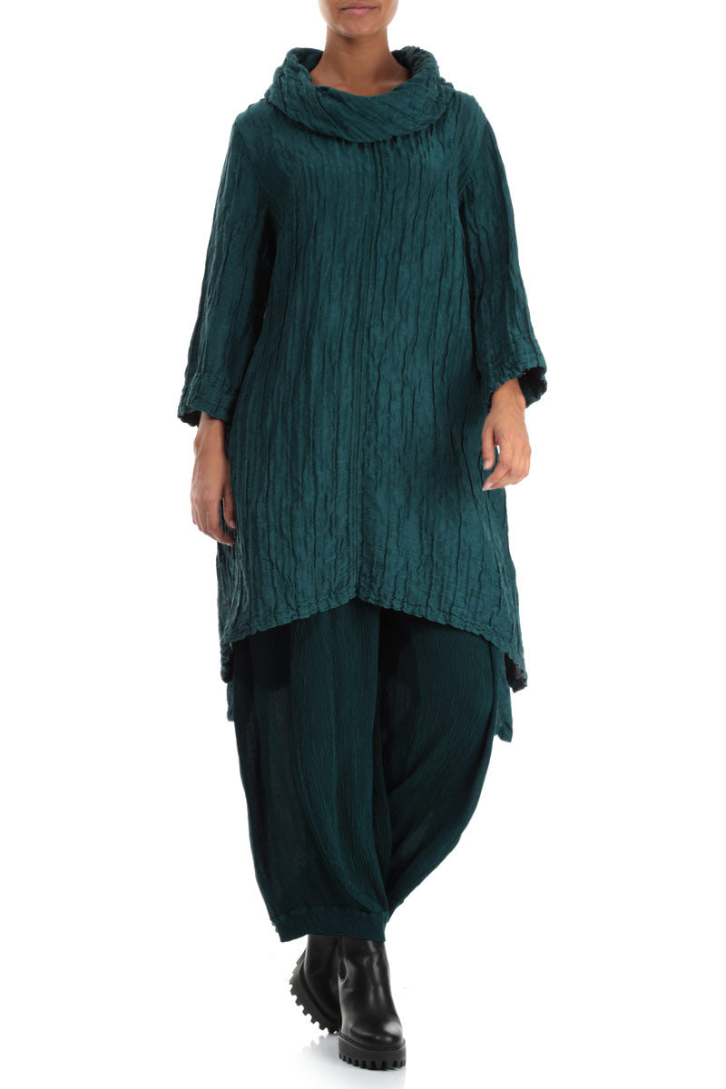 Detachable Collar Crinkled Peacock Silk Linen Tunic