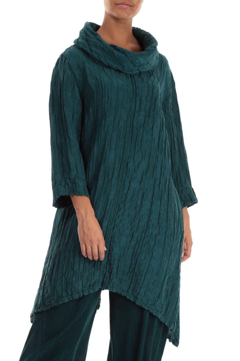 Detachable Collar Crinkled Peacock Silk Linen Tunic