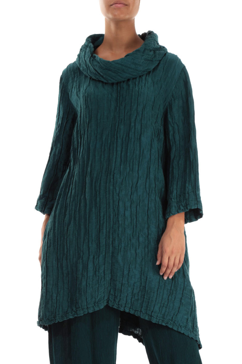 Detachable Collar Crinkled Peacock Silk Linen Tunic