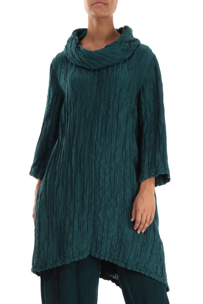 Detachable Collar Crinkled Peacock Silk Linen Tunic