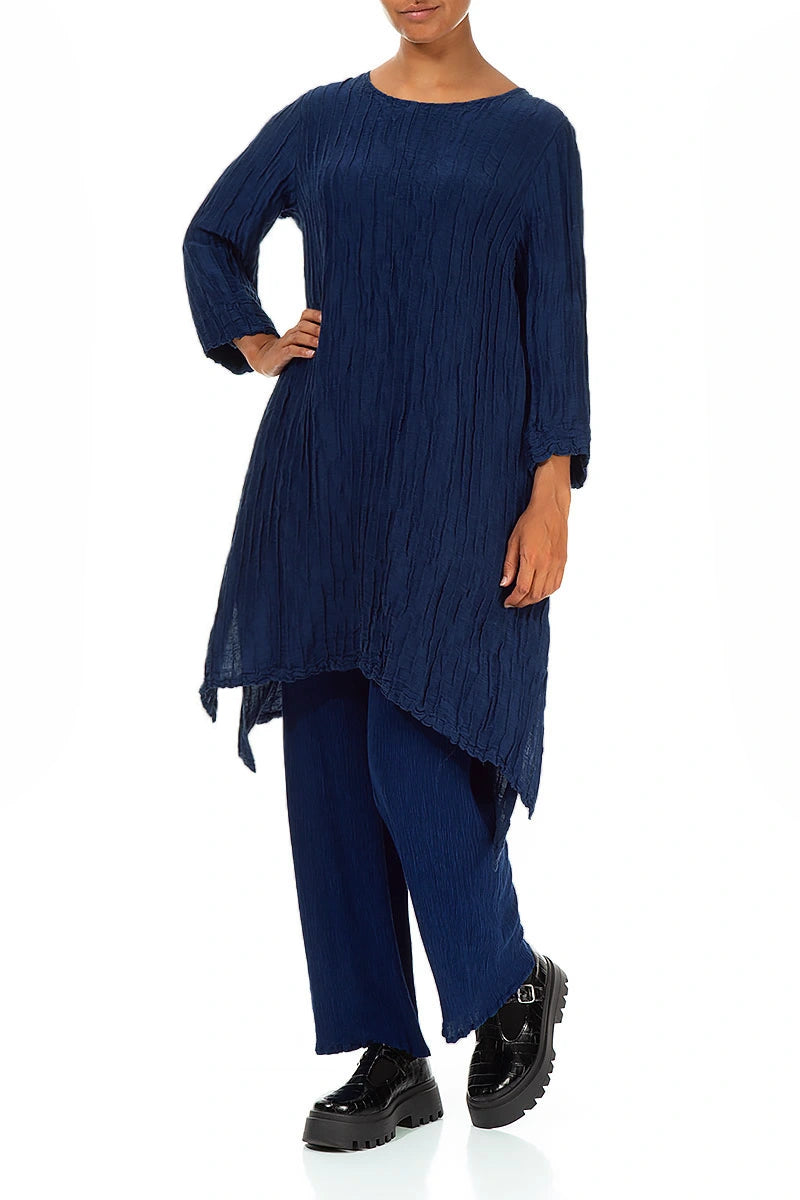 Detachable Collar Crinkled Royal Blue Silk Linen Tunic 5
