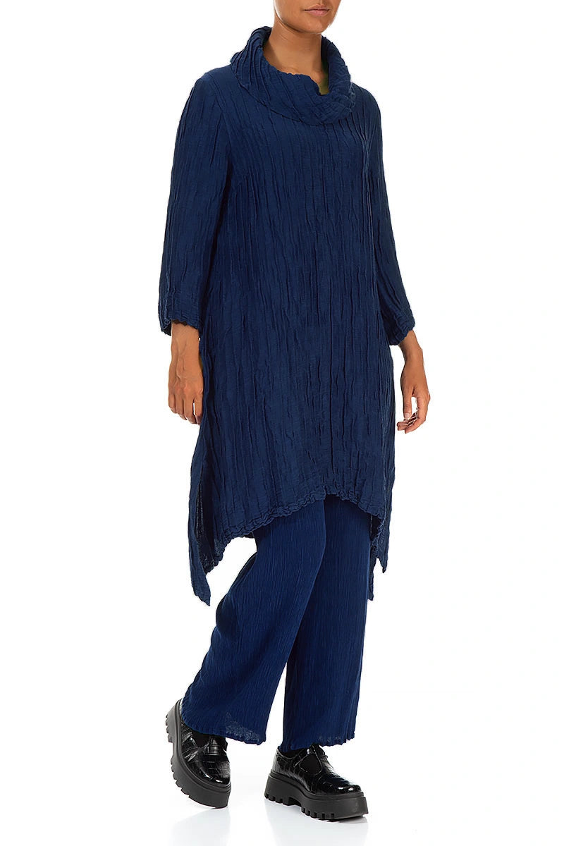 Detachable Collar Crinkled Royal Blue Silk Linen Tunic 4